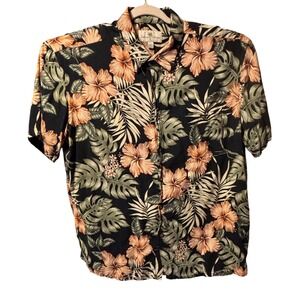 Island Shores Mens Hawaiian Aloha Shirt XL Black Floral Hibiscus Rayon Button Up